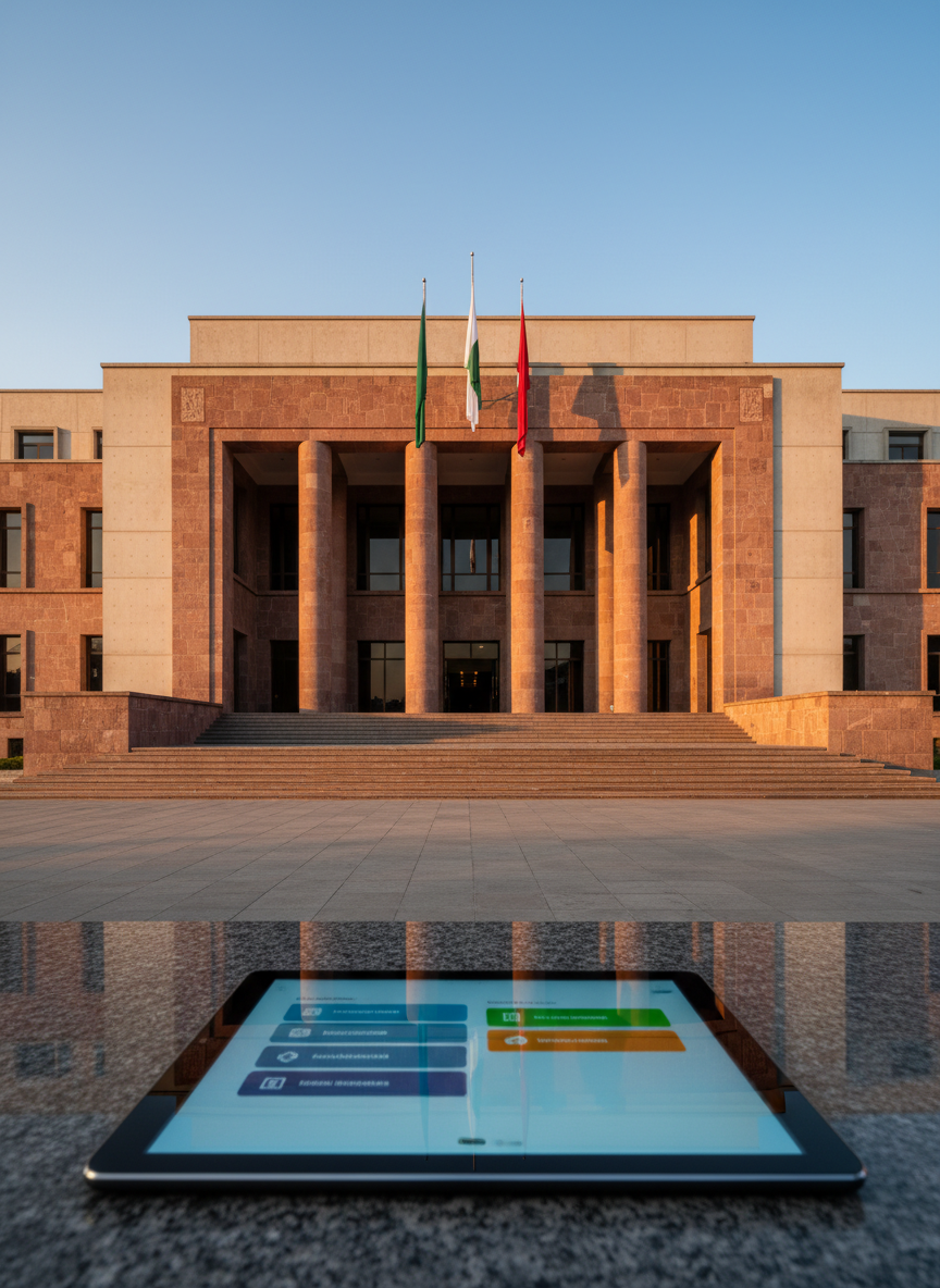 An imposing, contemporary government building in Michoacán inspired by real Mexican civic architecture, with broad stone steps and tall pillars, photographed from a low angle to emphasize authority and stability. Discreet flags in green, white, and red hang near the entrance without any readable symbols or text. Late afternoon sunlight bathes the façade in warm tones, creating sharp, confident shadows along the geometric lines. In the foreground, a sleek tablet rests on a polished stone ledge, its screen displaying an abstract, textless interface of organized legal categories. Photographic realism with sharp focus throughout, conveying trust, formality, and the idea of a digital gateway to state laws and regulations.
