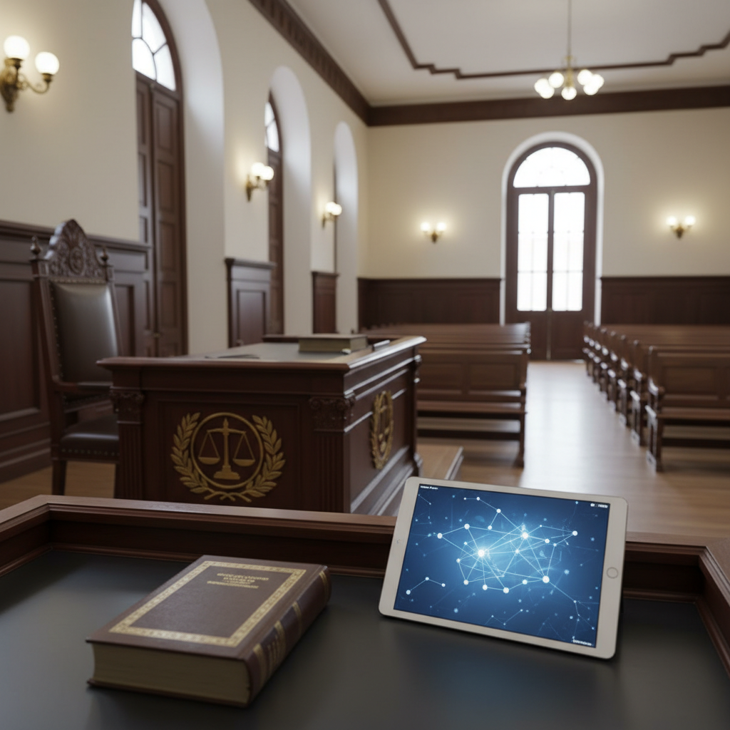 An interior of a dignified courtroom in Michoacán, focusing on the empty judge’s bench crafted from rich, polished wood, with carved details and a simple emblemic insignia above it without text. Rows of wooden benches extend into the softly blurred background. Natural light filters through high windows, mixing with subtle ceiling lighting to create a balanced, neutral illumination and soft shadows under the benches. In the foreground, a modern tablet and a closed legal volume lie on the clerk’s desk, the tablet screen showing an abstract, textless legal search interface. Photographic realism, captured at eye level with moderate depth of field, communicates seriousness, impartiality, and the connection between traditional justice spaces and modern access to Michoacán legal norms.