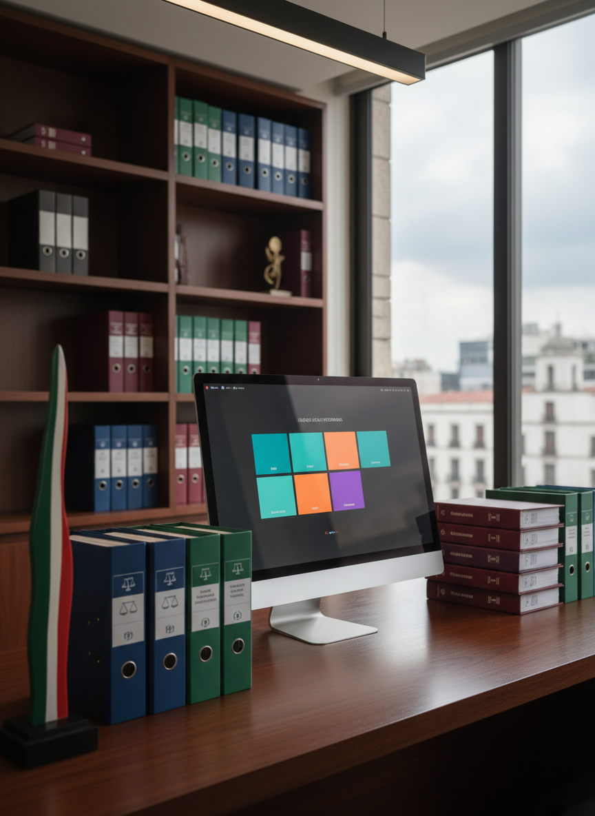 A carefully arranged legal workspace dedicated to Michoacán state law: stacks of color-coded binders, each with a simple icon suggesting different types of norms such as codes, regulations, and decrees, all without readable titles. A large monitor displays a clean, modern interface of neatly structured legal sections represented by colored blocks instead of text. The room features dark wood shelving, a subtle Mexican flag color accent in a small decorative object, and a view of a blurred cityscape through a side window. Soft, diffused overhead lighting and natural side light create a balanced, focused atmosphere. Shot from a slightly elevated angle in photographic realism, it evokes precision, organization, and efficient digital consultation of legislation.