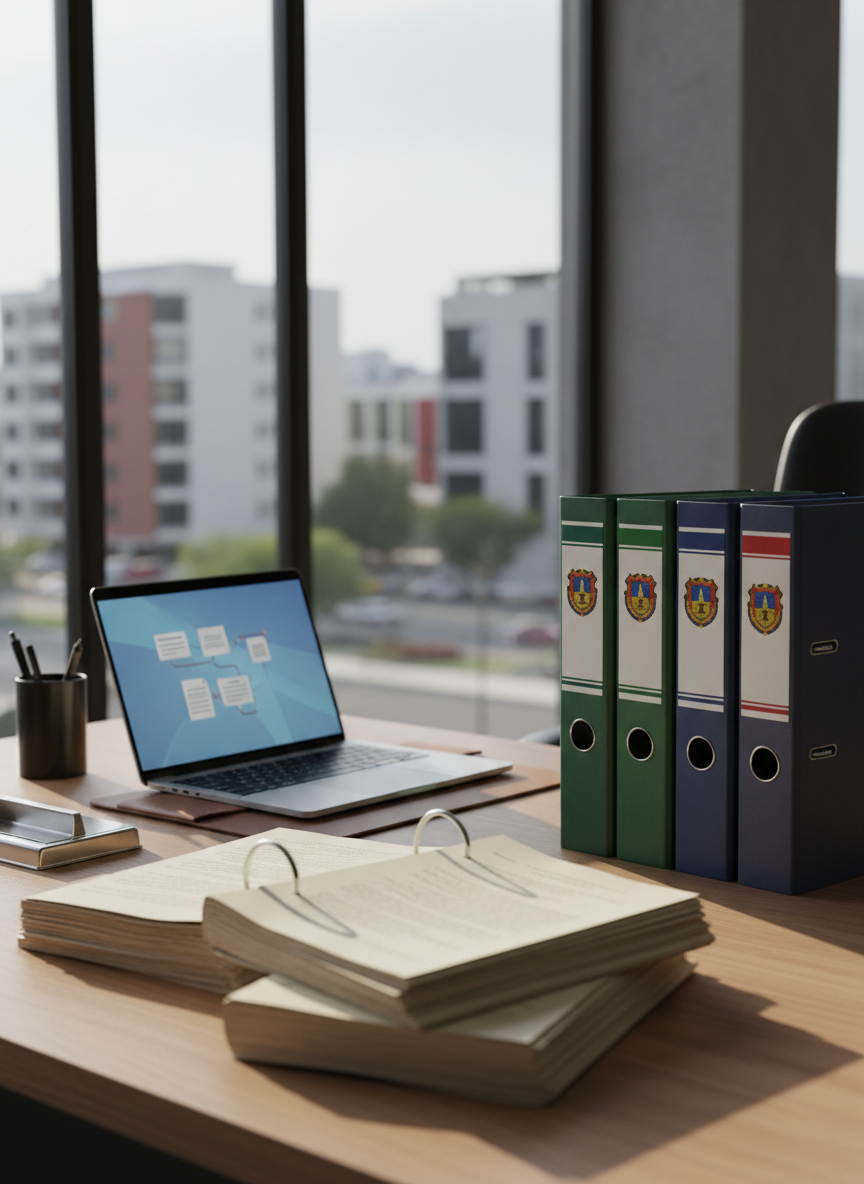 A neatly organized wooden desk in a modern office, covered with printed compilations of Mexican laws, prominently featuring thick binders labeled with the coat of arms of Michoacán on their spines as simple colored emblems rather than text. The desk sits near a large window overlooking a subtle, blurred government district. Soft morning daylight enters from the side, casting gentle shadows across the paper textures, metal clips, and a sleek laptop displaying an abstract interface of legal documents without readable text. Photographic realism, eye-level composition with shallow depth of field, conveys a calm, professional atmosphere that suggests fast, reliable access to Michoacán state legislation in a clean and modern digital environment.